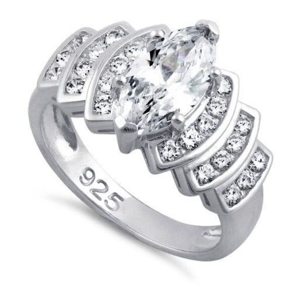New Sterling Silver Marquise Engagement Clear CZ Ring - Picture 1 of 6